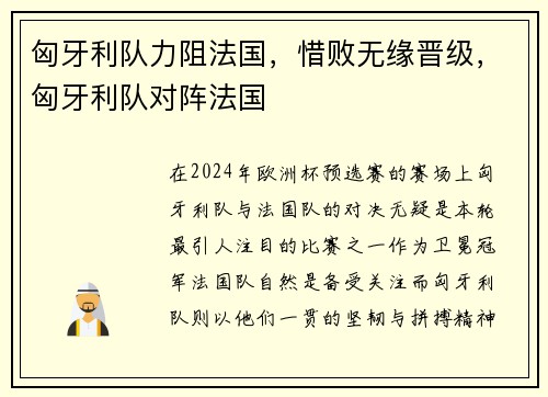 匈牙利队力阻法国，惜败无缘晋级，匈牙利队对阵法国