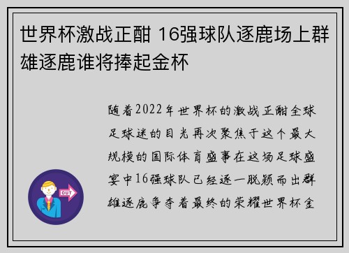 世界杯激战正酣 16强球队逐鹿场上群雄逐鹿谁将捧起金杯